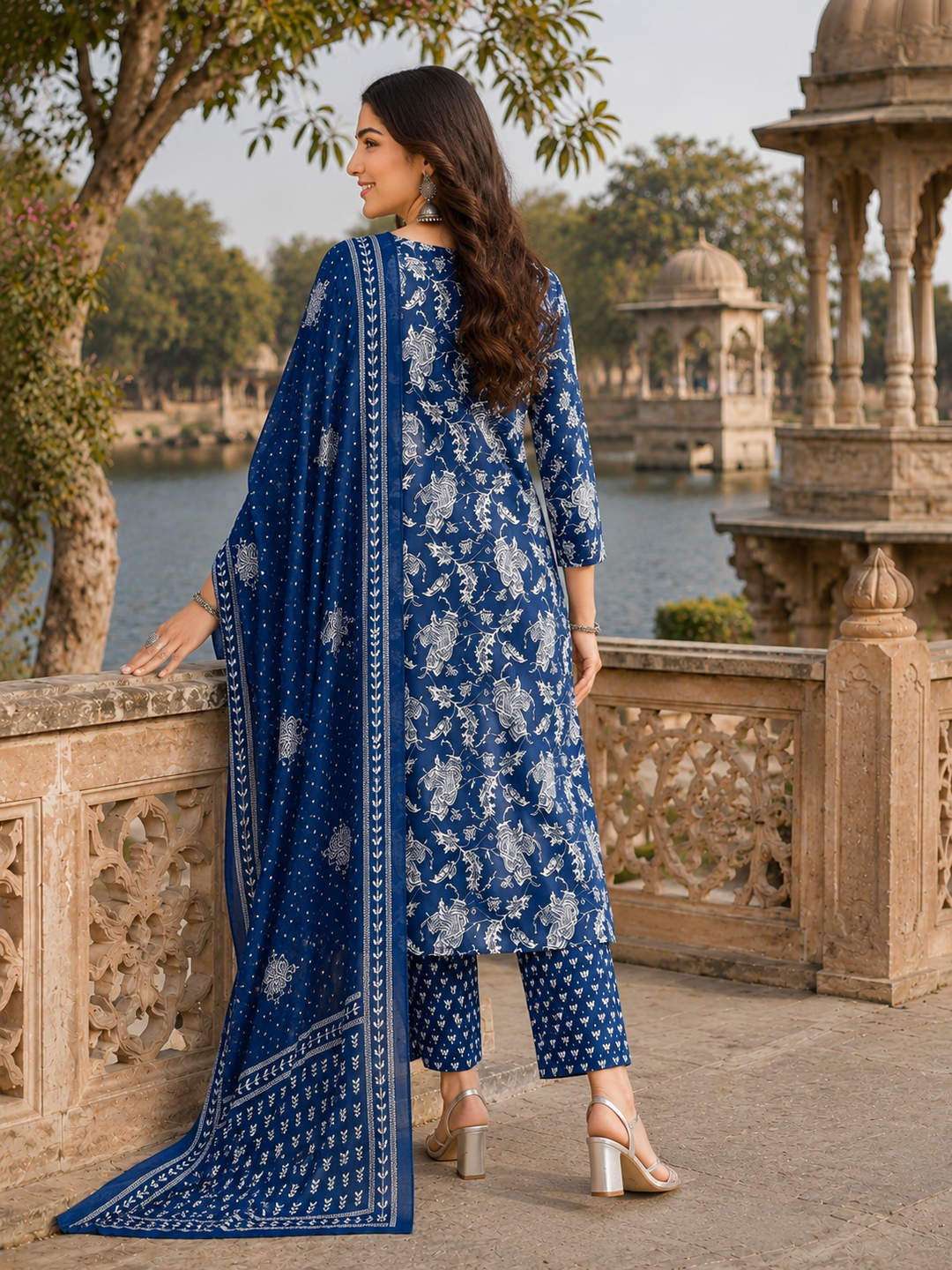 Blue Printed Kurta Pant and Dupatta Set