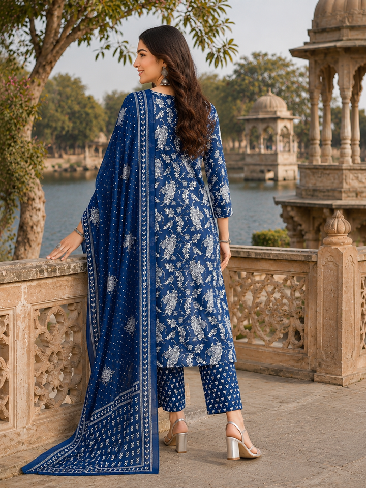 Blue Printed Kurta Pant and Dupatta Set