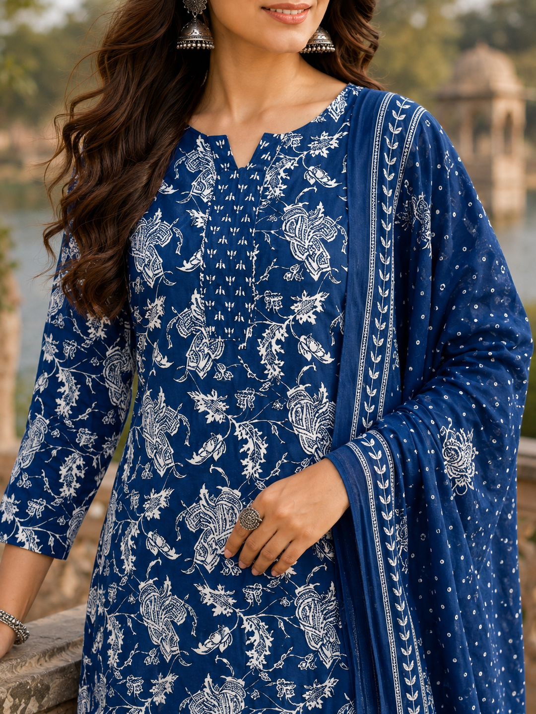 Blue Printed Kurta Pant and Dupatta Set