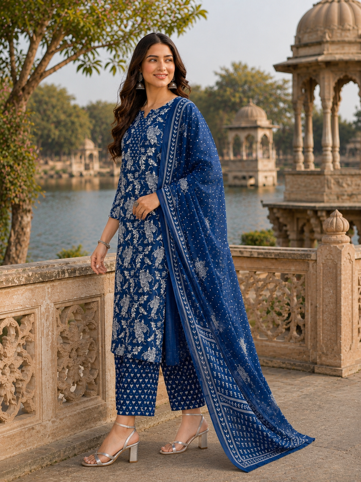 Blue Printed Kurta Pant and Dupatta Set
