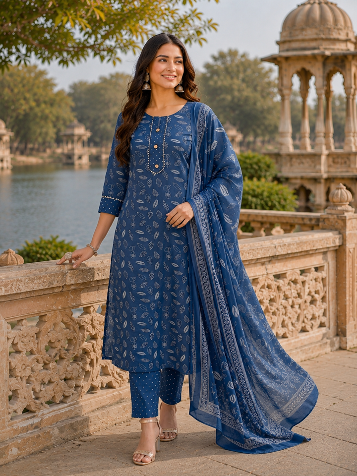 Blue Printed Kurta Pant and Dupatta Set