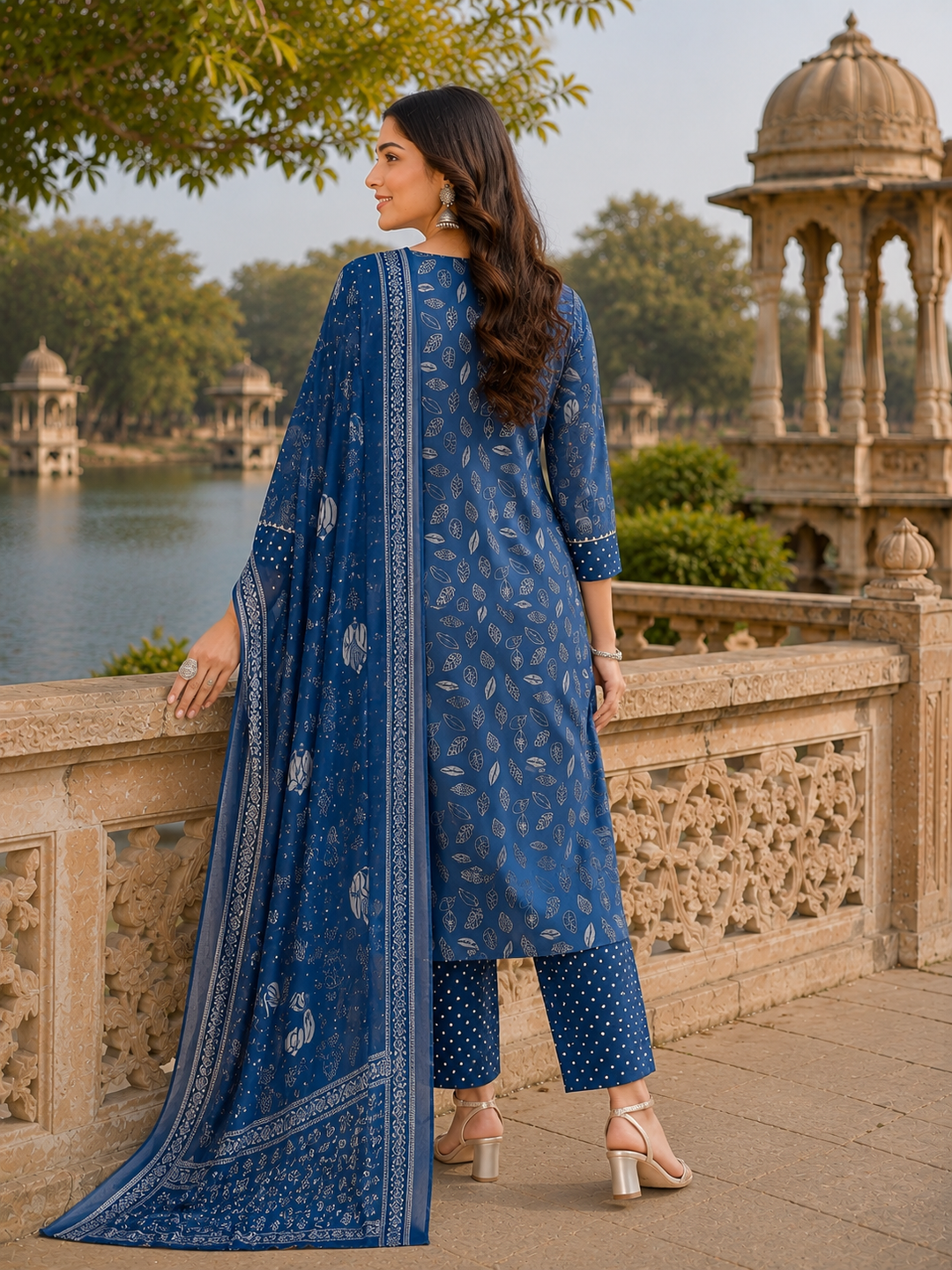 Blue Printed Kurta Pant and Dupatta Set
