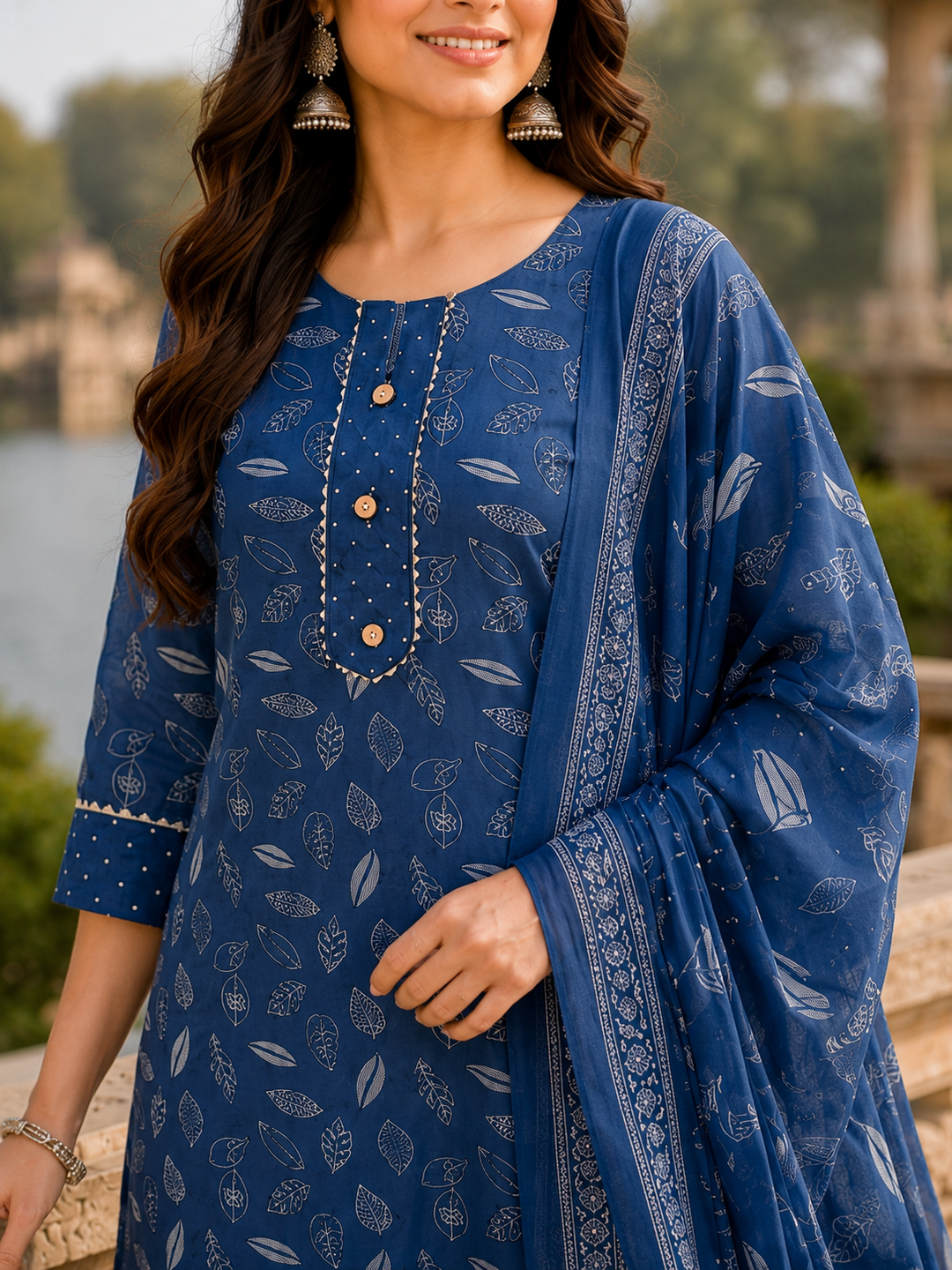 Blue Printed Kurta Pant and Dupatta Set