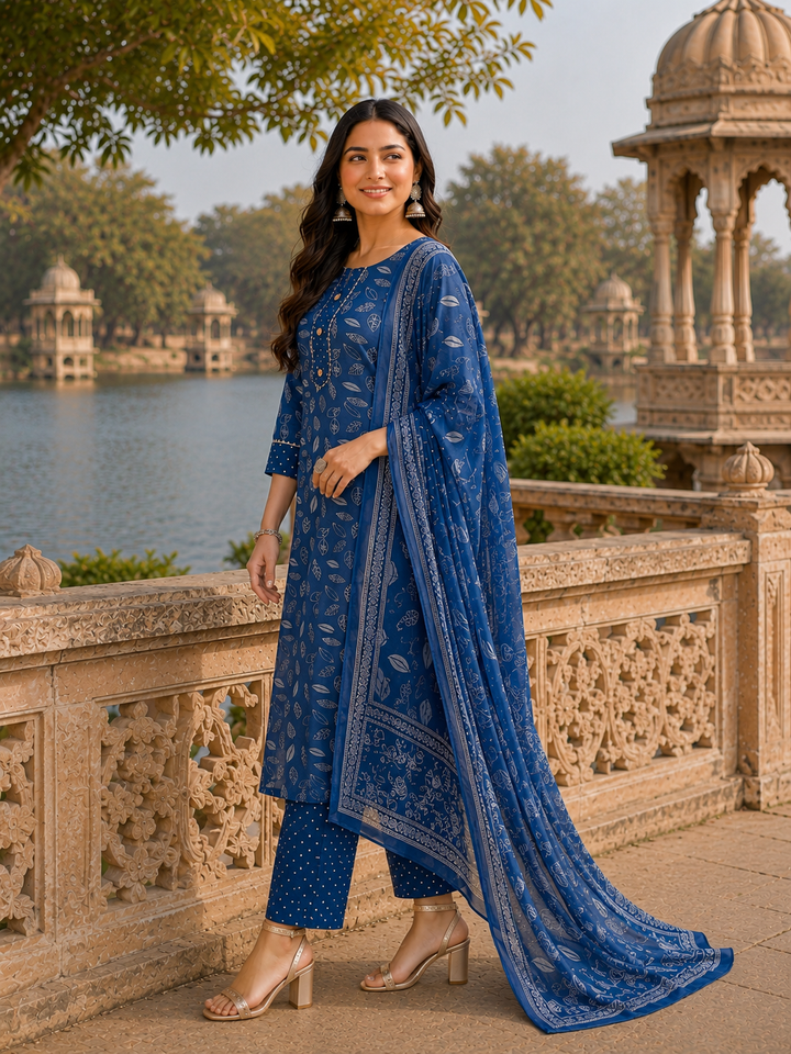 Blue Printed Kurta Pant and Dupatta Set
