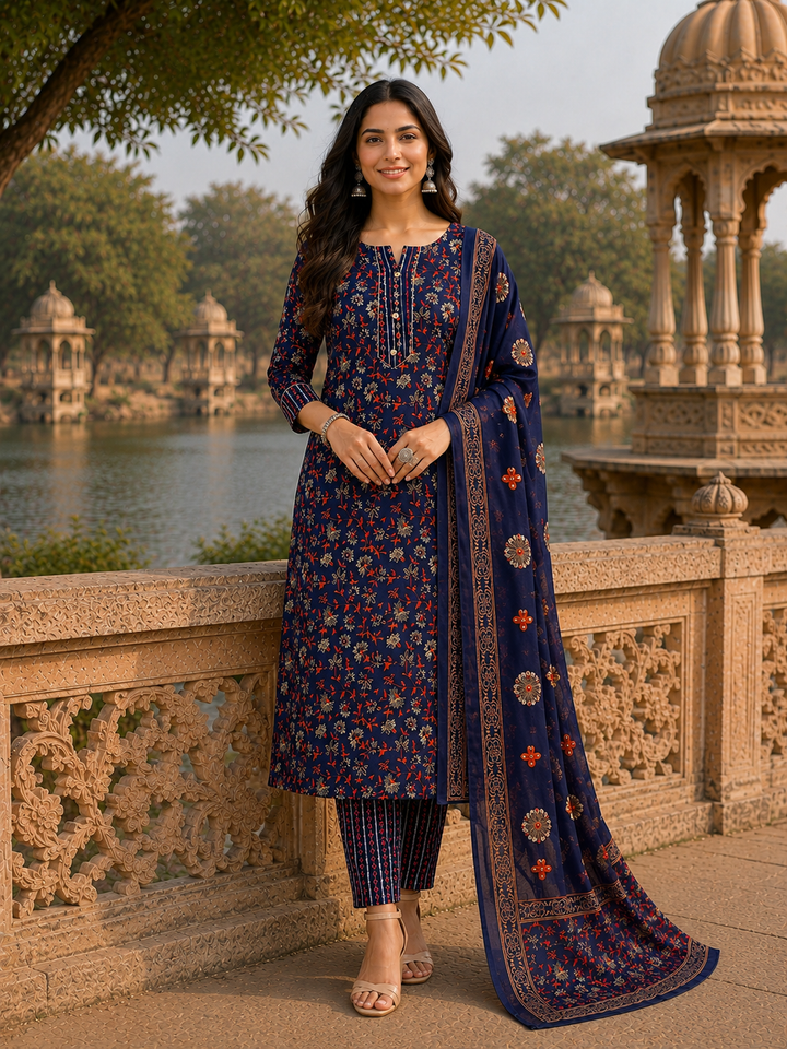 Blueorange Printed Kurta Pant and Dupatta Set