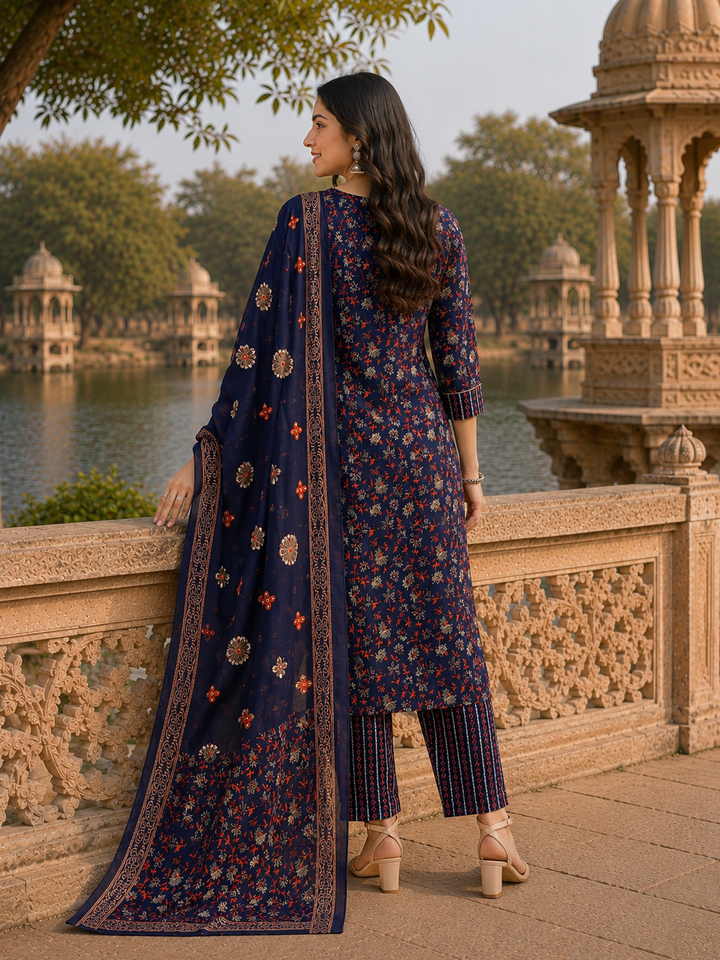 Blueorange Printed Kurta Pant and Dupatta Set