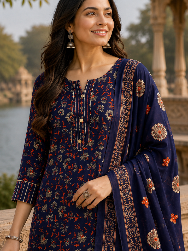 Blueorange Printed Kurta Pant and Dupatta Set