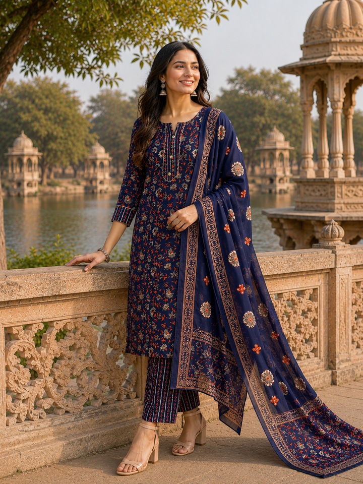 Blueorange Printed Kurta Pant and Dupatta Set