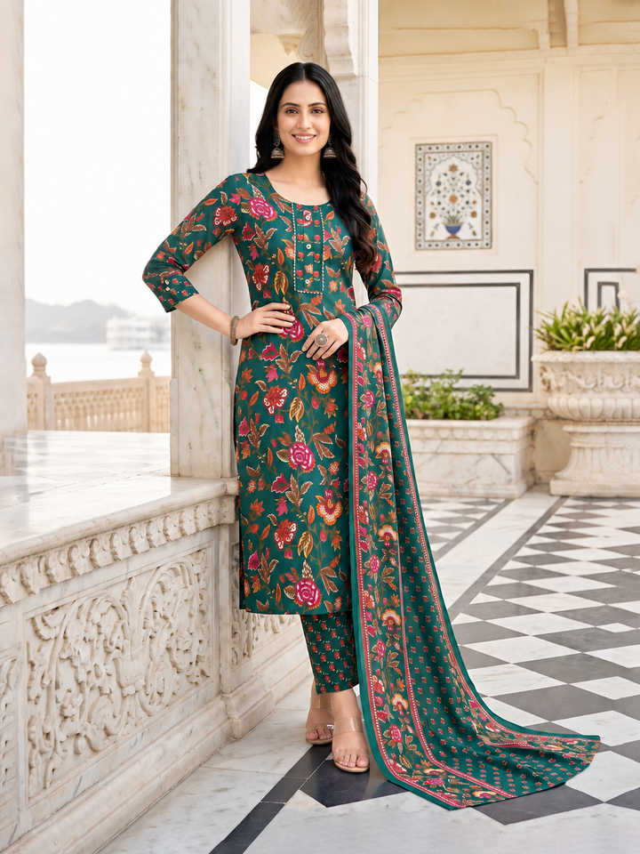 Green Printed Kurta Pant and Dupatta Set