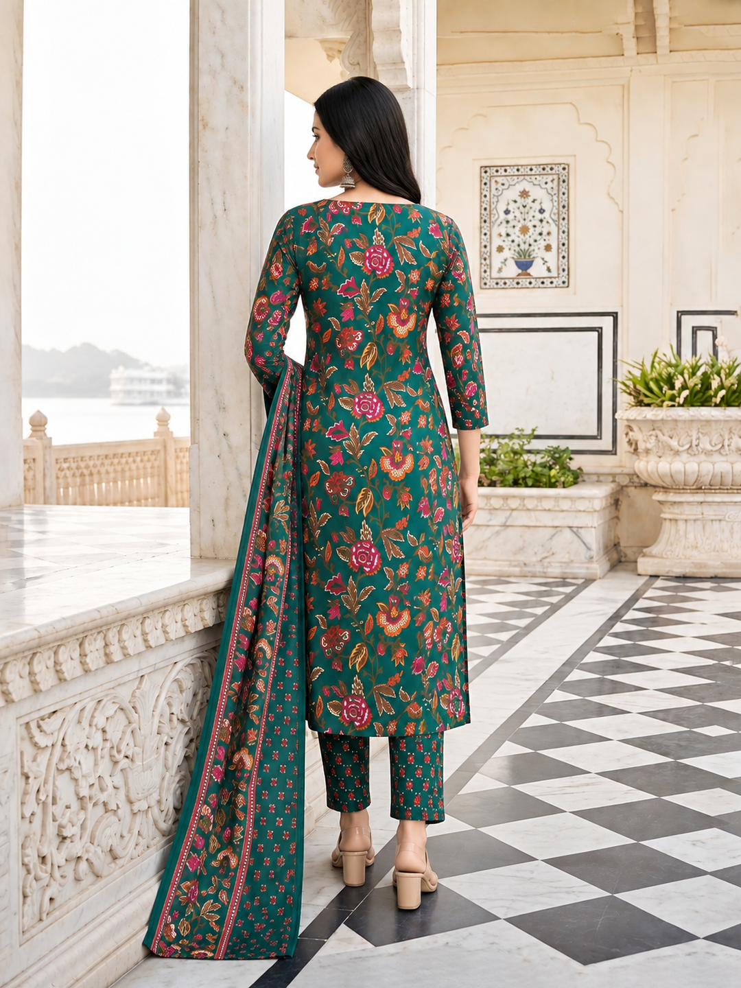 Green Printed Kurta Pant and Dupatta Set