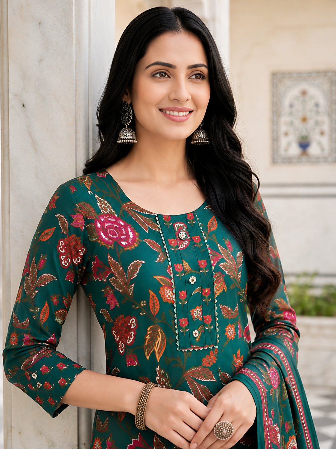 Green Printed Kurta Pant and Dupatta Set
