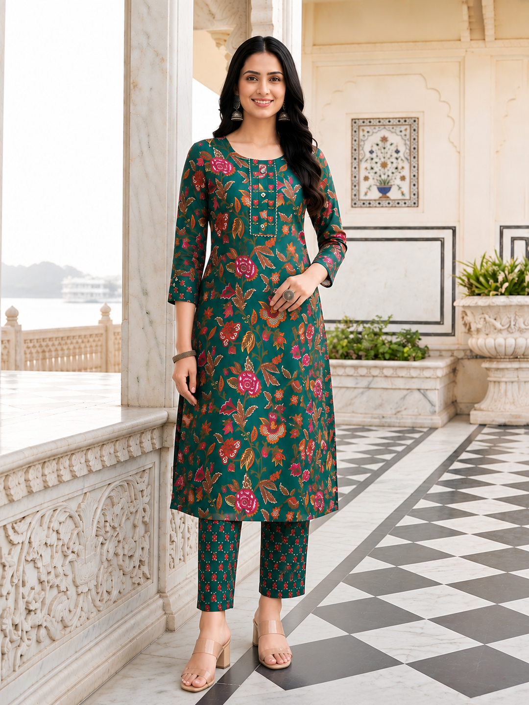 Green Printed Kurta Pant and Dupatta Set