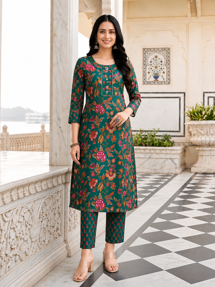 Green Printed Kurta Pant and Dupatta Set