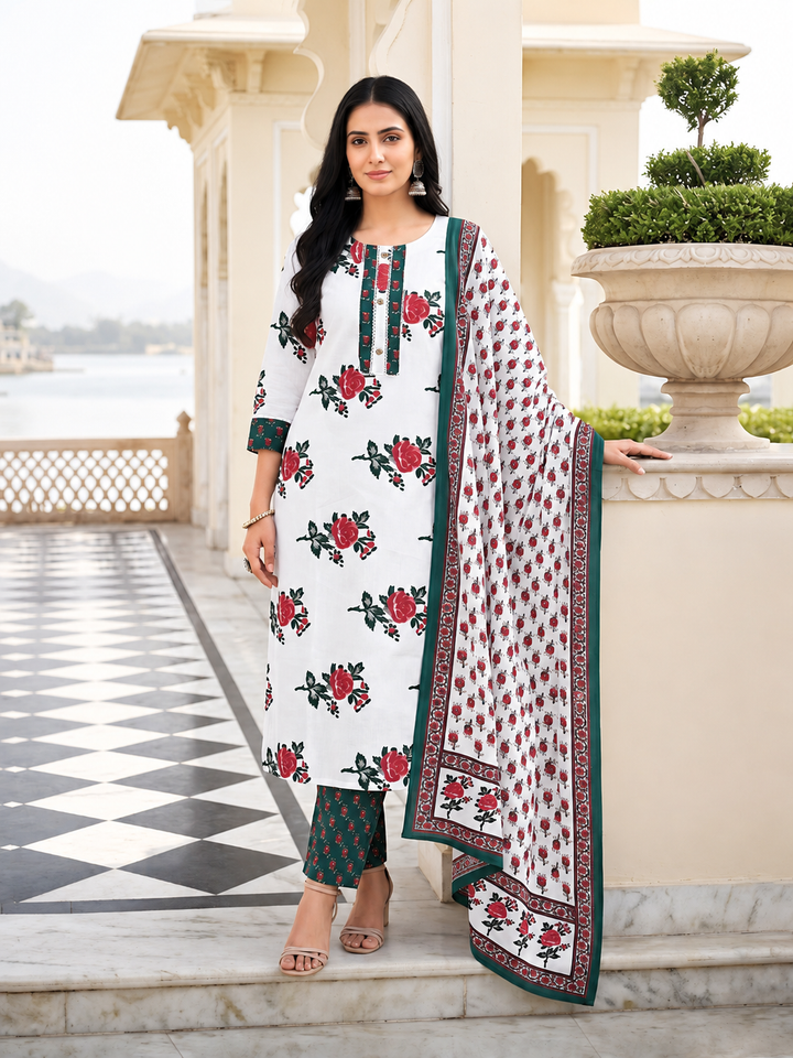 White Printed Kurta Pant and Dupatta Set