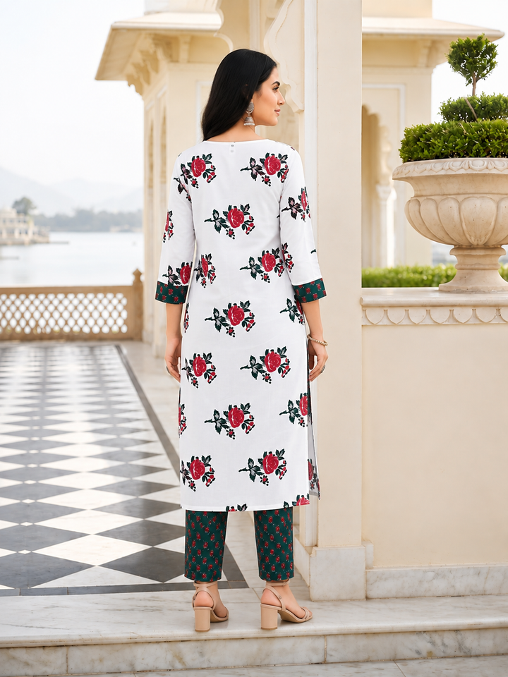White Printed Kurta Pant and Dupatta Set