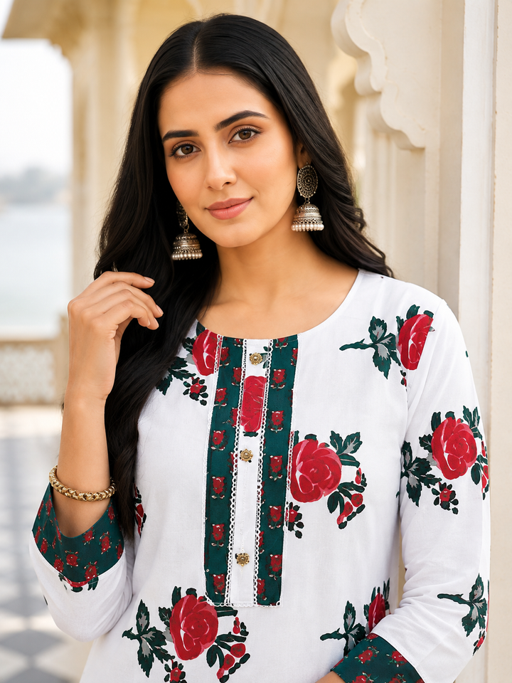 White Printed Kurta Pant and Dupatta Set