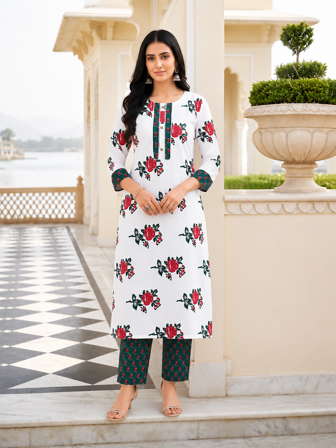 White Printed Kurta Pant and Dupatta Set