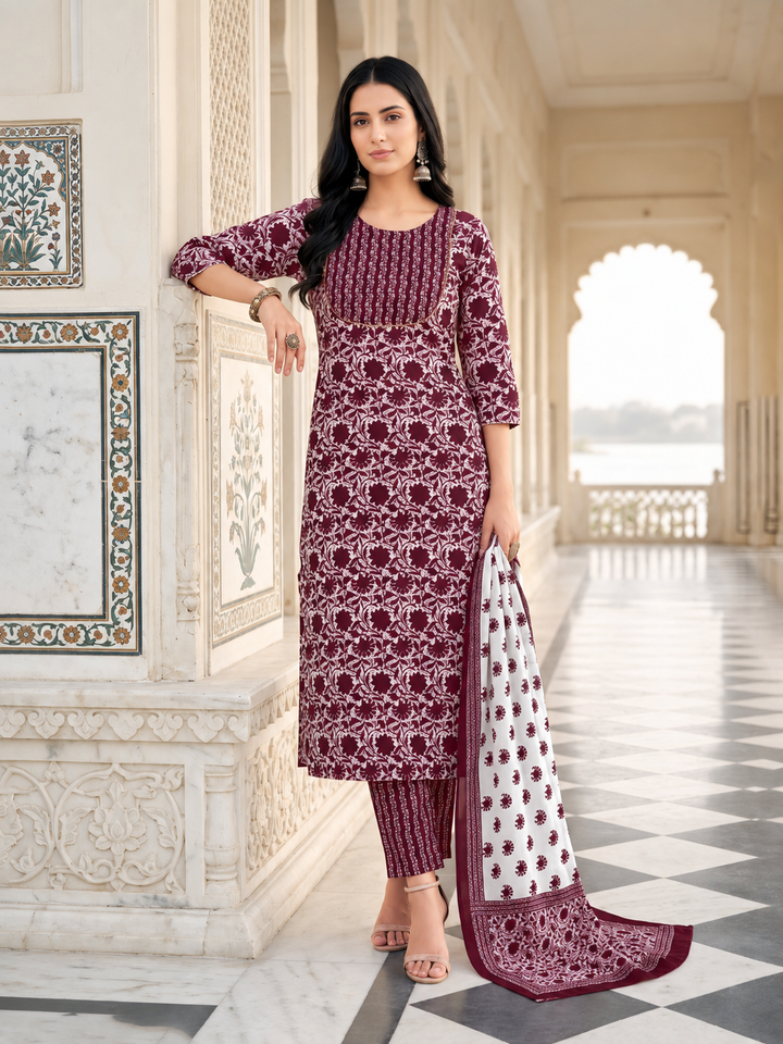 Maroon Printed Kurta Pant and Dupatta Set