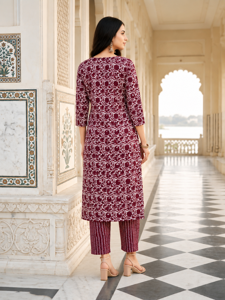 Maroon Printed Kurta Pant and Dupatta Set