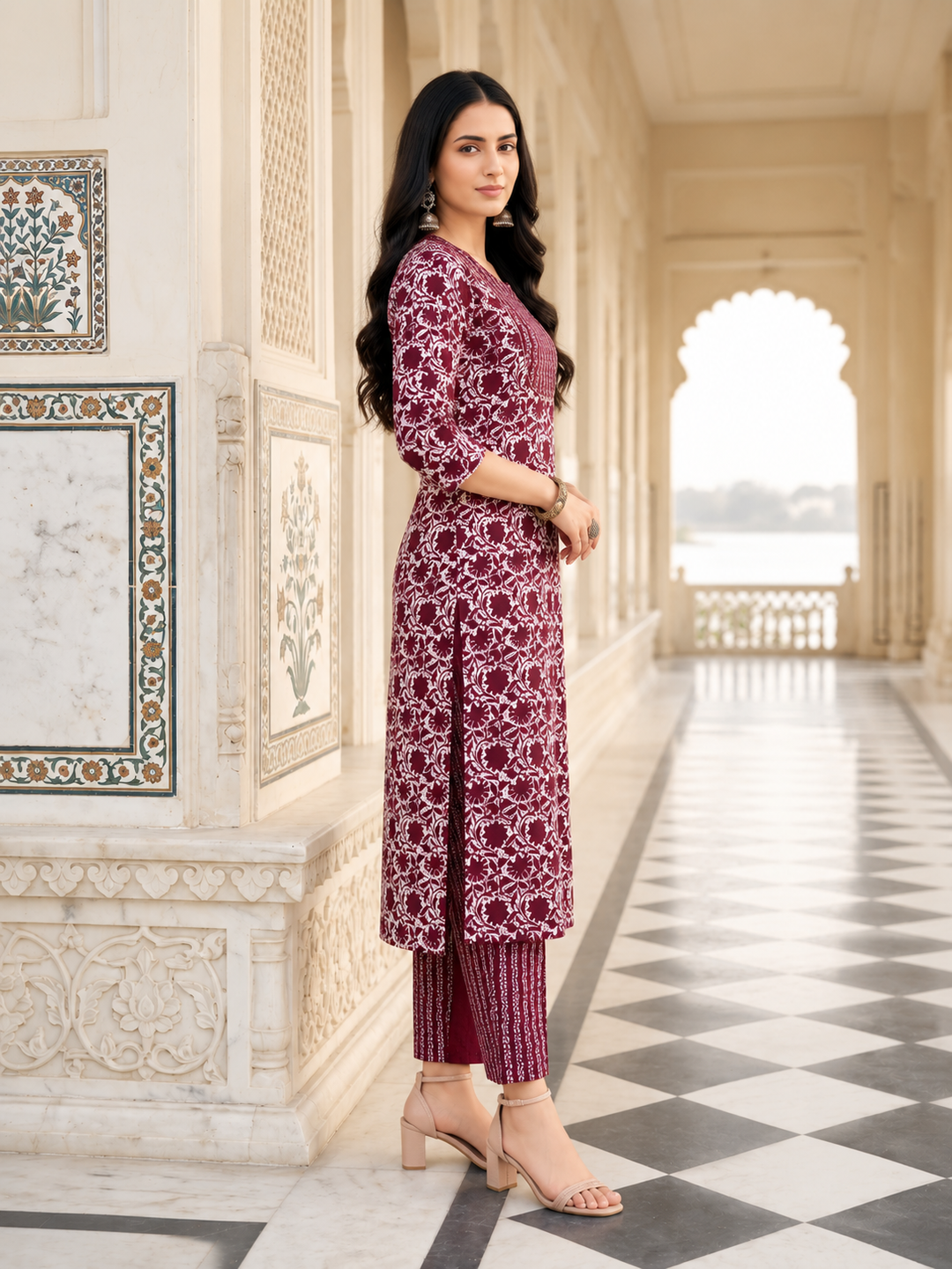 Maroon Printed Kurta Pant and Dupatta Set