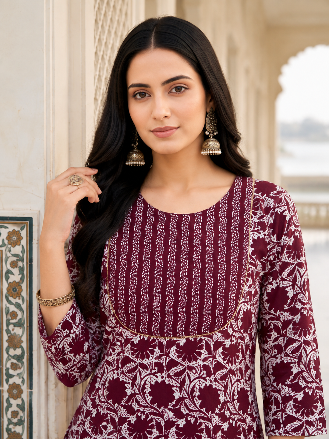 Maroon Printed Kurta Pant and Dupatta Set