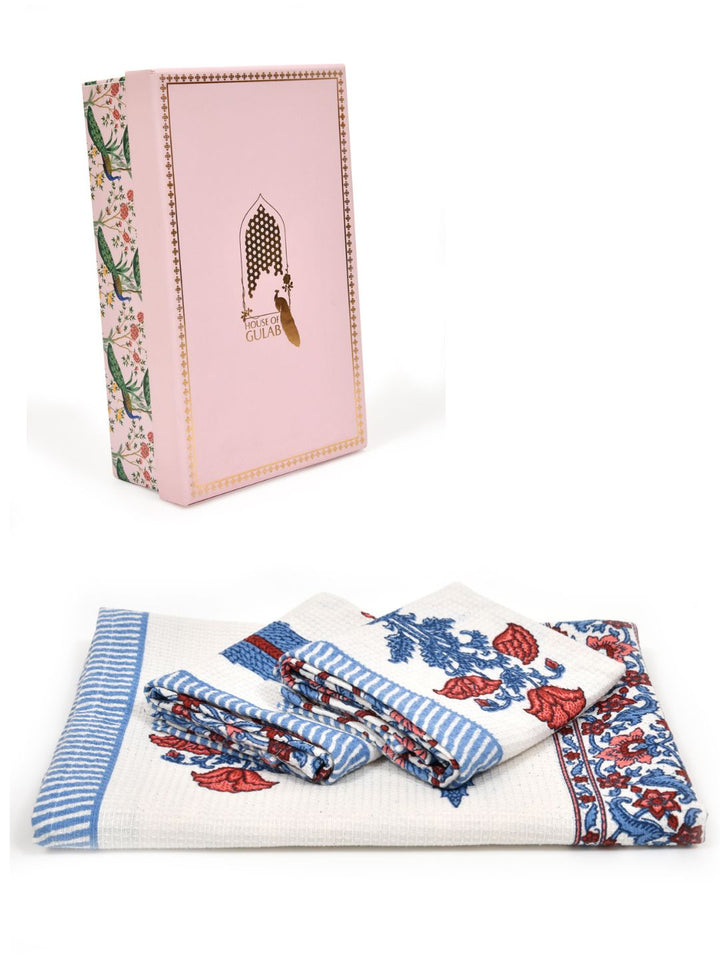 White-&-Blue-Waffle-Cotton-HandBlock-Print-Towels-Gift-Set