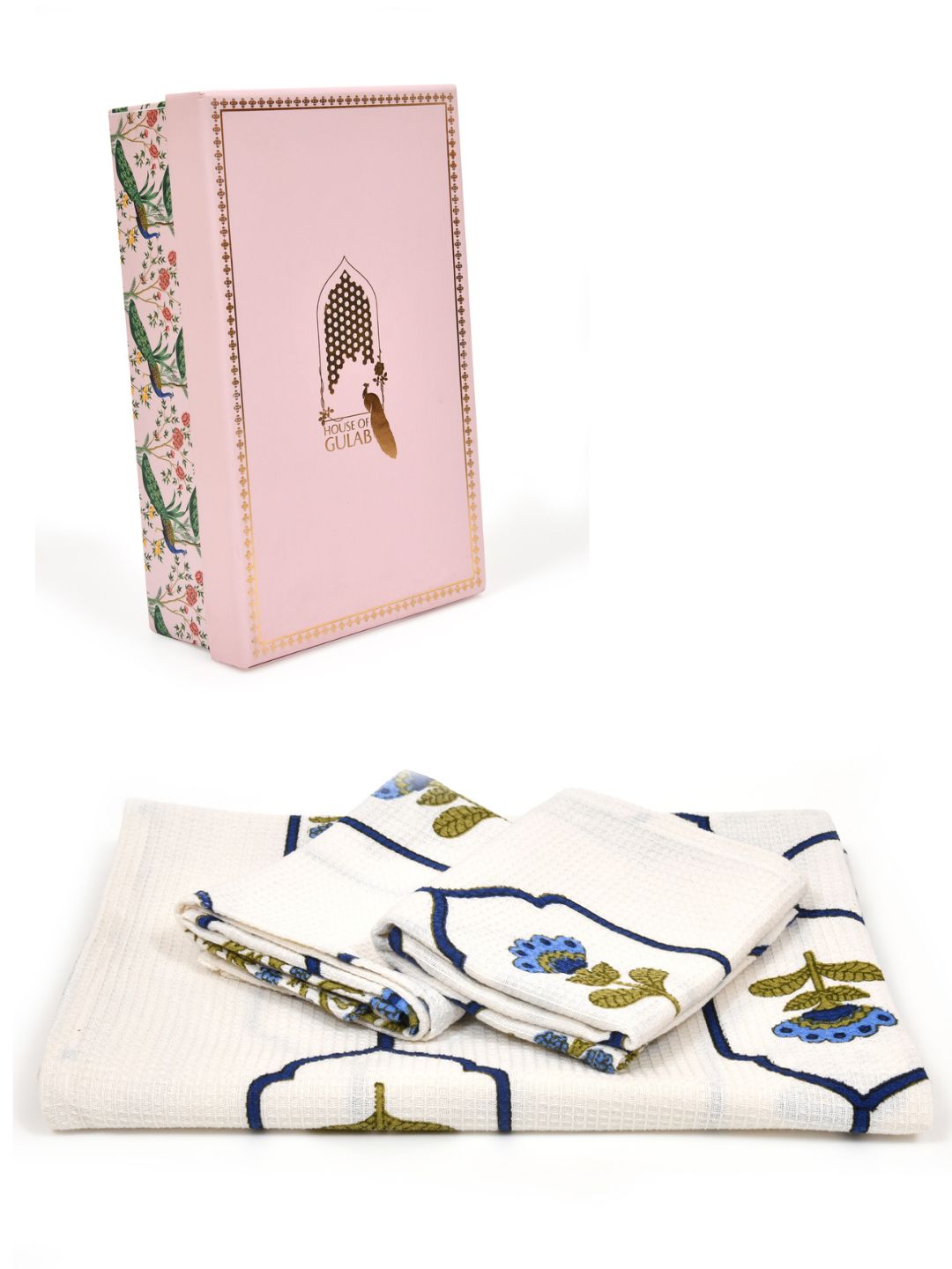 White-&-Blue-Waffle-Cotton-Floarl-Printed-Towels-Gift-Set