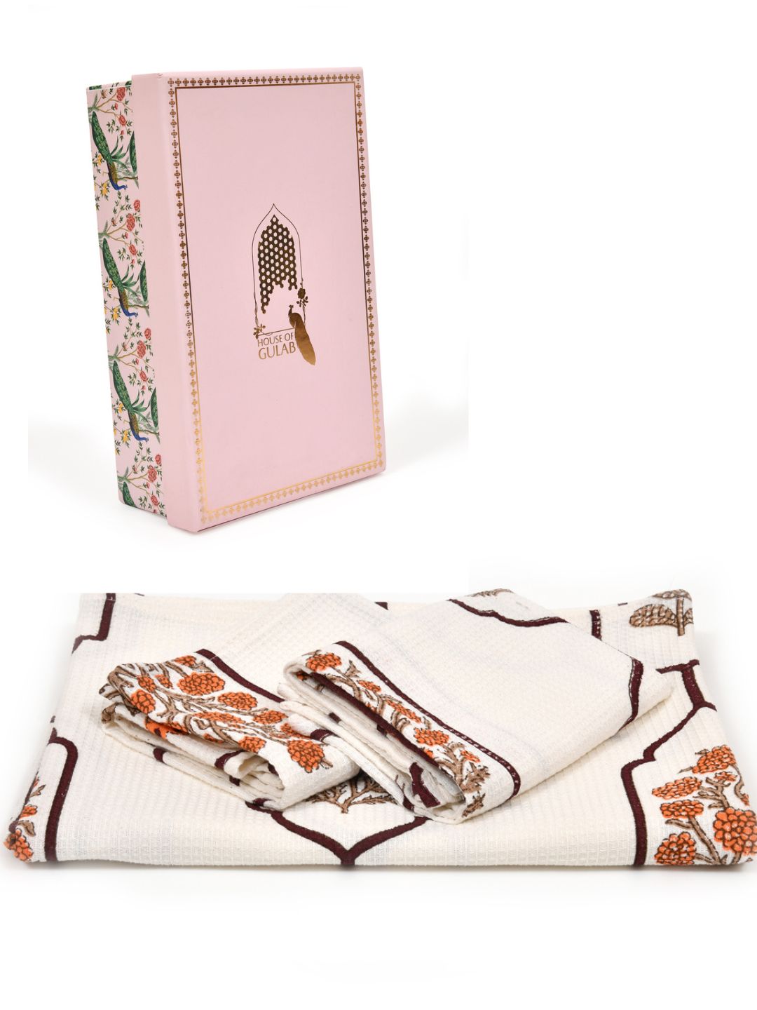 White-&-Orange-Waffle-Cotton-HandBlock-Print-Towels-Gift-Set