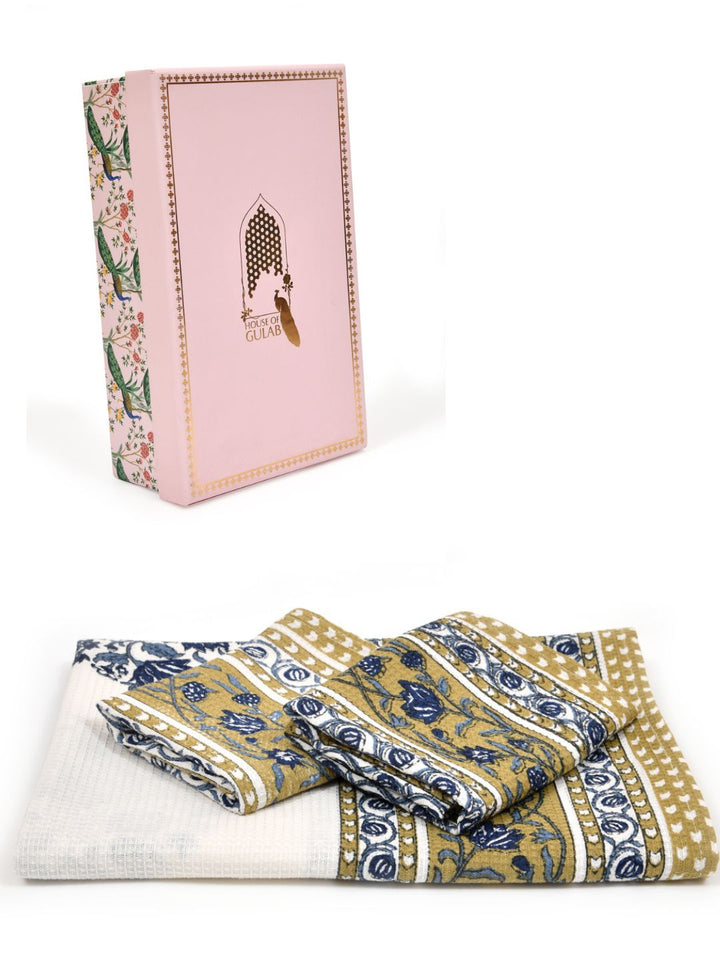 White-&-Blue-Floral-Waffle-Cotton-Print-Towels-Gift-Set