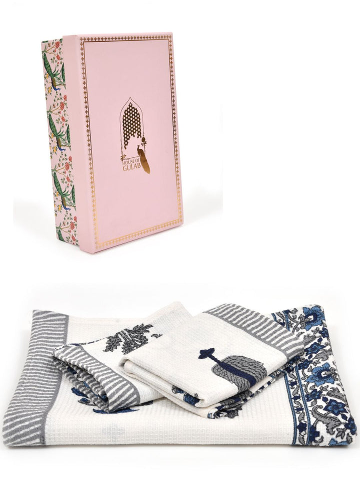 White-&-Grey-Waffle-Cotton-HandBlock-Print-Towels-Gift-Set