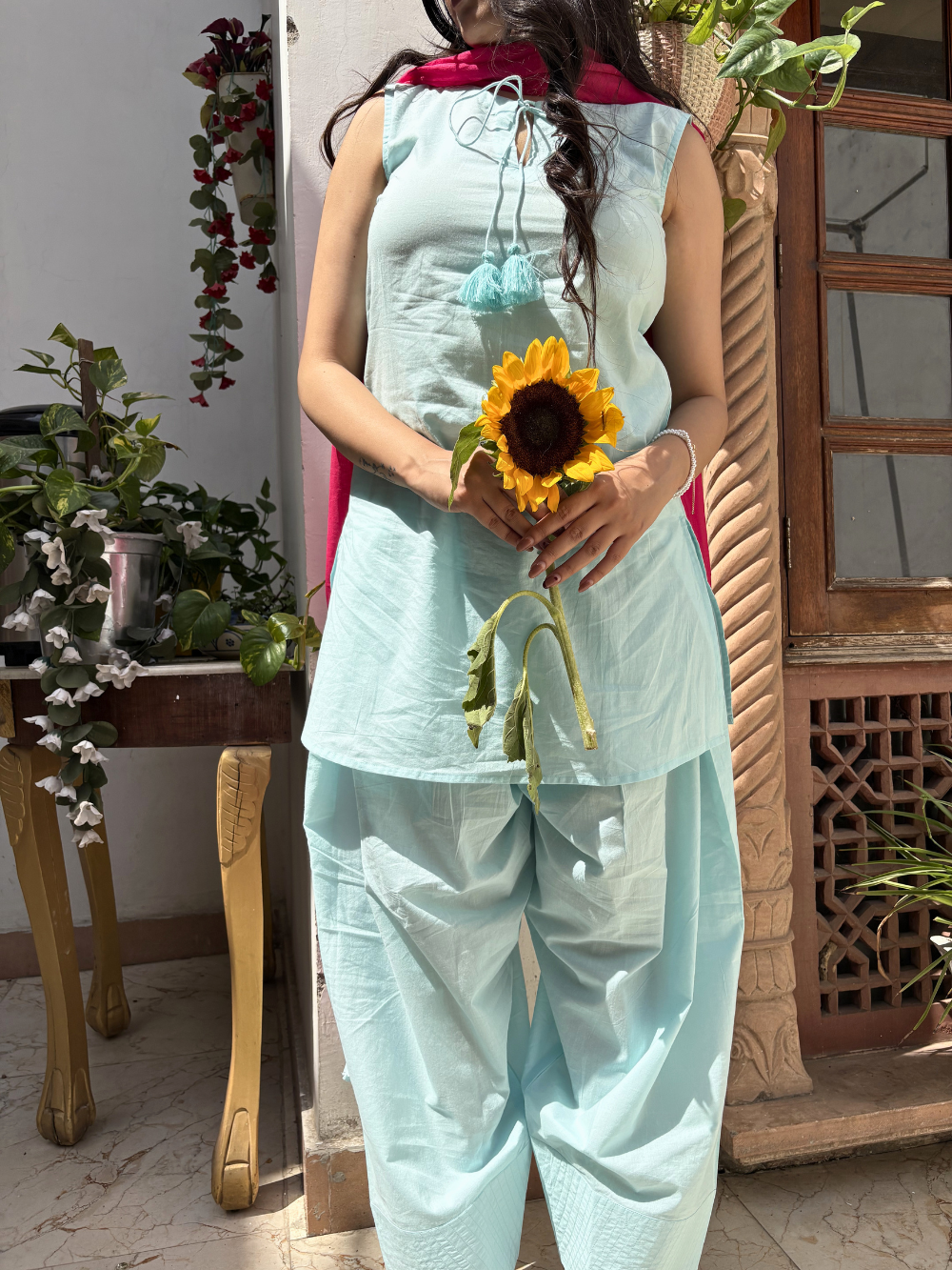 Blue Short Kurta &amp; Farshi Shalwar Set