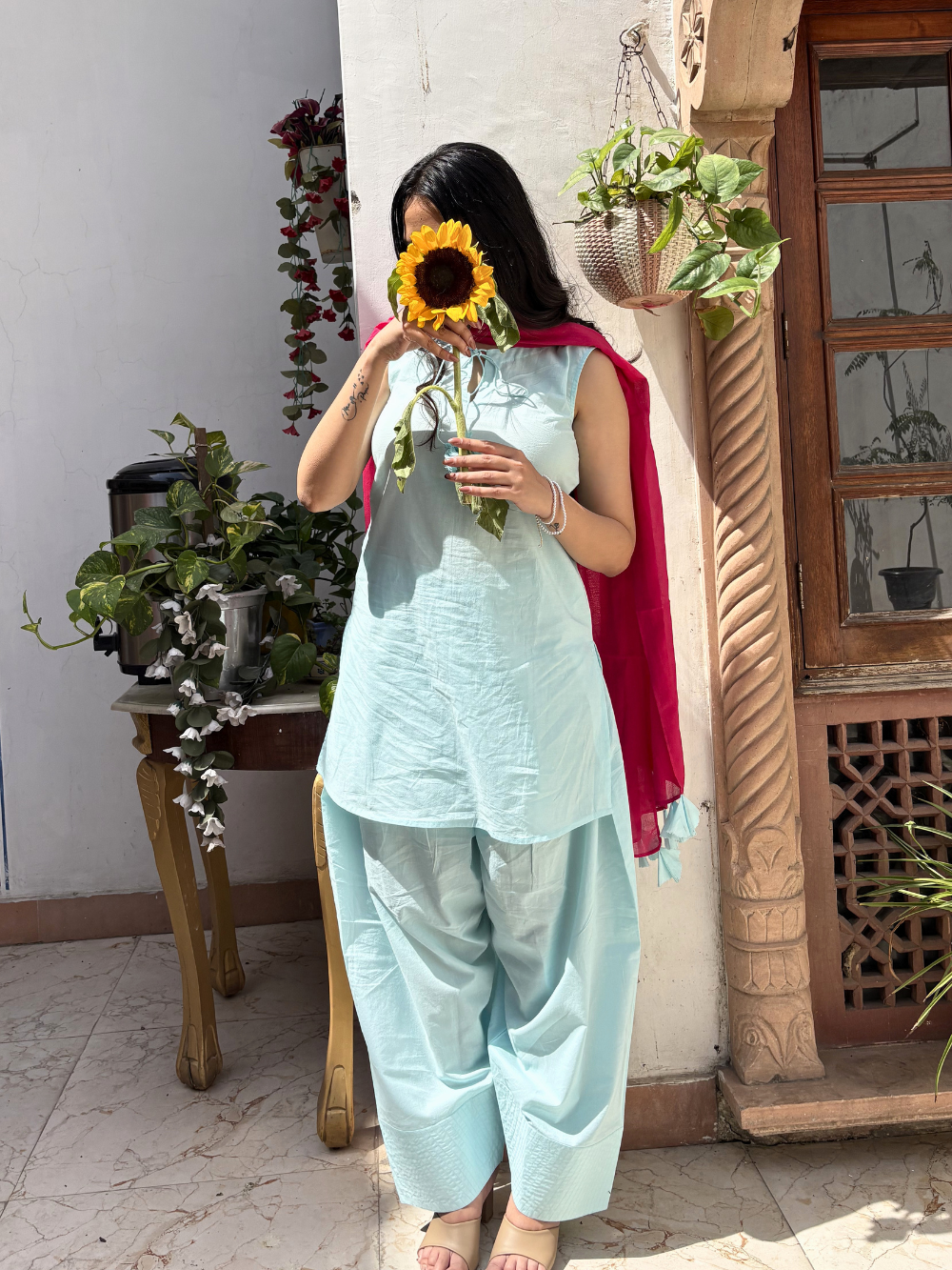 Blue Short Kurta &amp; Farshi Shalwar Set