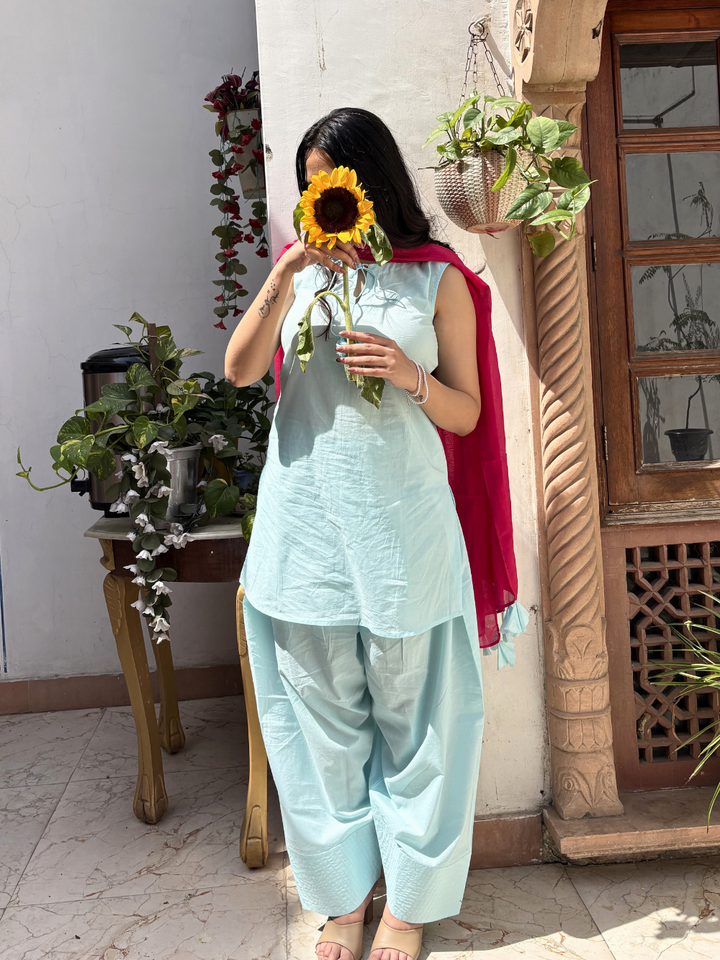 Blue Short Kurta &amp; Farshi Shalwar Set