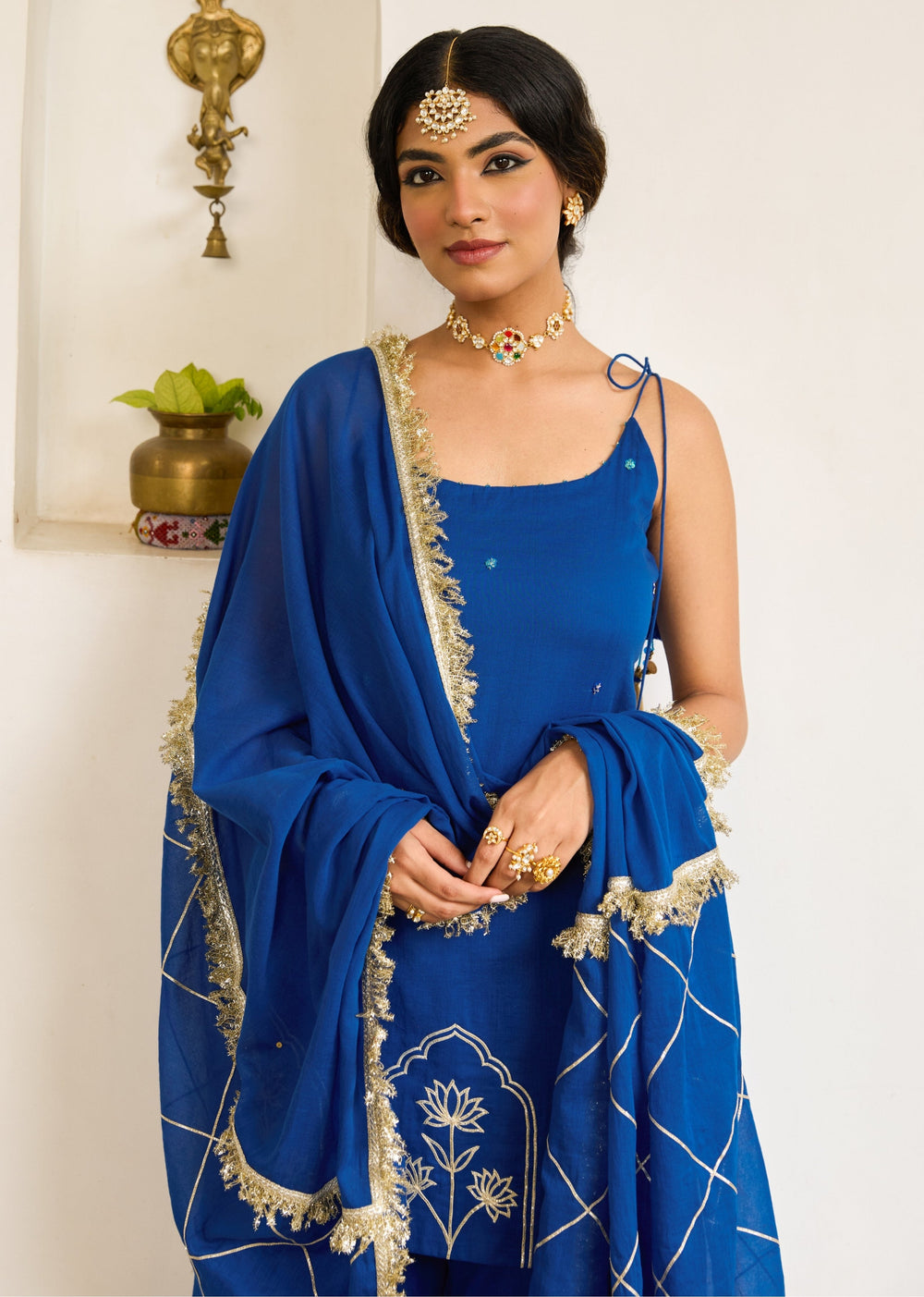 Neer-Blue-Mulmul-Strappy-Kurta-With-Farshi-Shalwar-Set