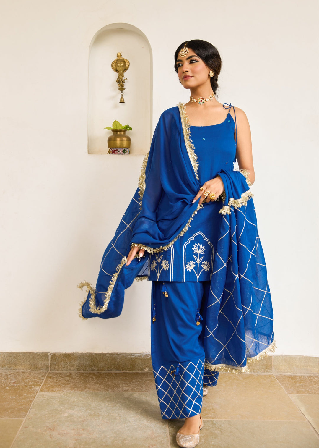 Neer-Blue-Mulmul-Strappy-Kurta-With-Farshi-Shalwar-Set