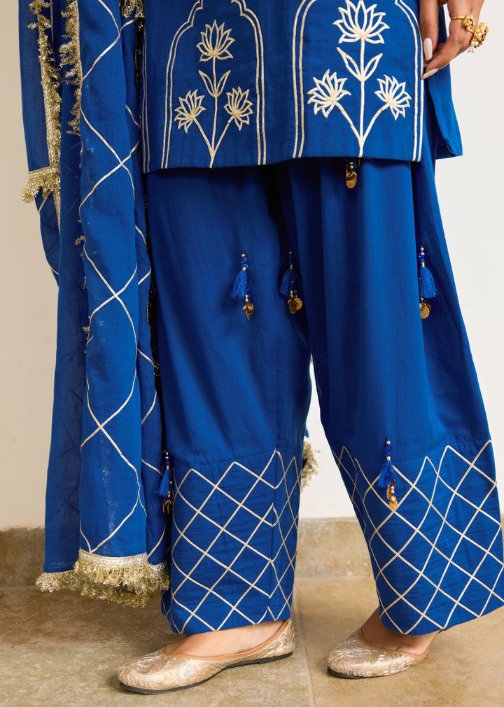 Neer-Blue-Mulmul-Strappy-Kurta-With-Farshi-Shalwar-Set