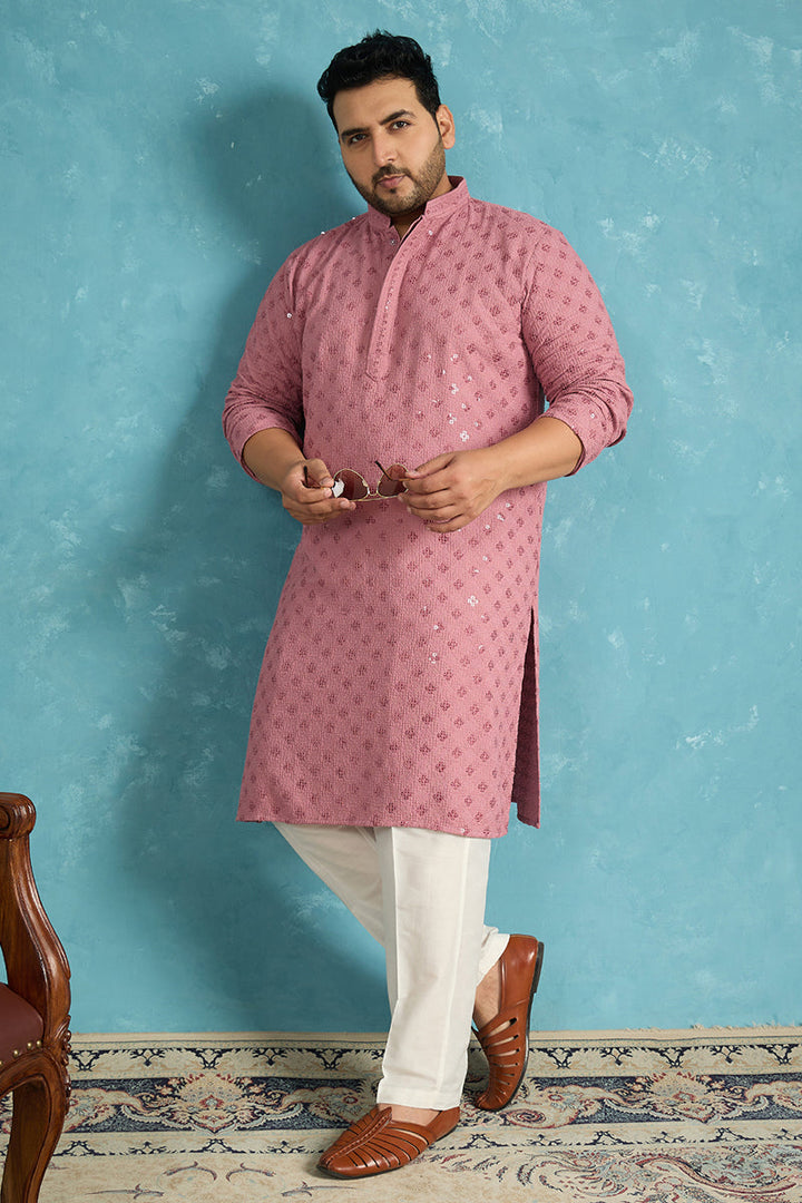 Mens Mauve Viscose Rayon Solid Chikankari Embroidered Kurta