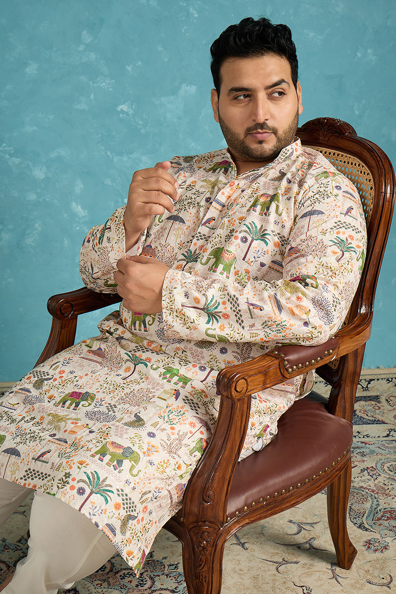 Mens Cream Viscose Rayon Ethnic Motifs Thread Work Printed Kurta