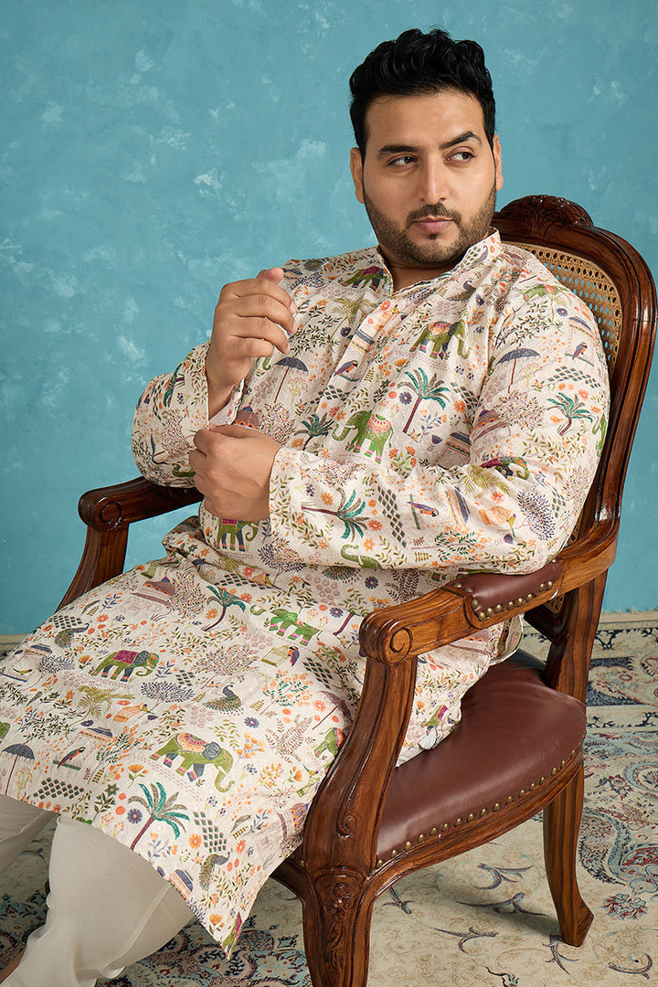 Mens Cream Viscose Rayon Ethnic Motifs Thread Work Printed Kurta