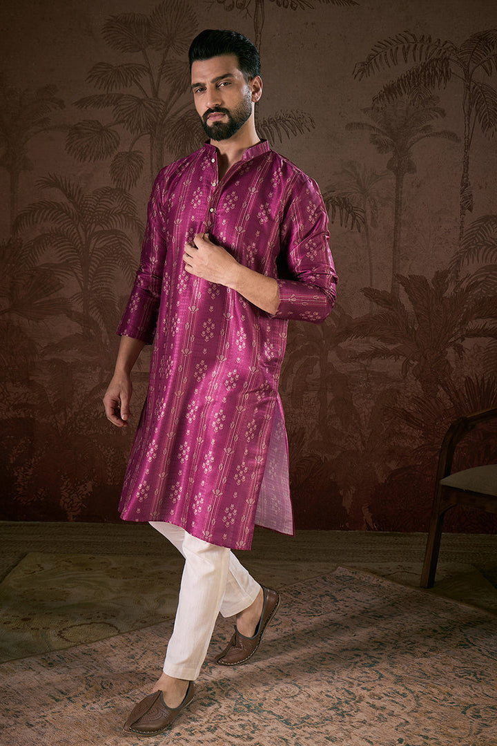 Mens Purple Silk Blend Floral Printed Straight Kurta