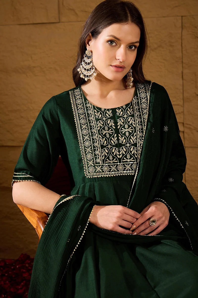 Green Silk Blend Embroidered Anarkali Suit Set