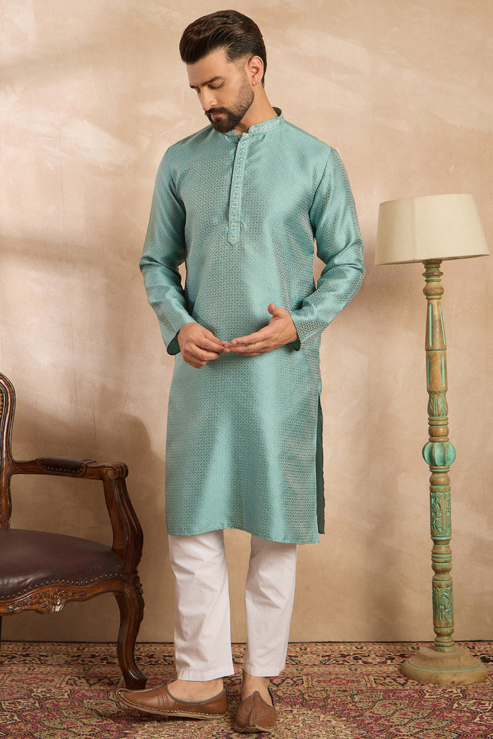 Mens Green Polyester Solid Embroidered Straight Kurta With Trouser