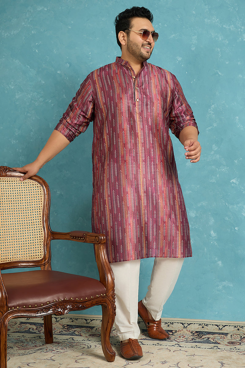 Mens Purple Silk Blend Striped Printed Kurta