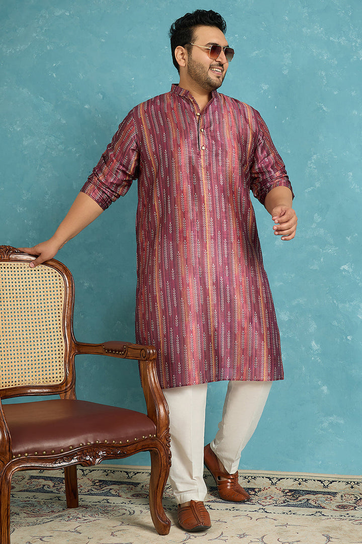 Mens Purple Silk Blend Striped Printed Kurta