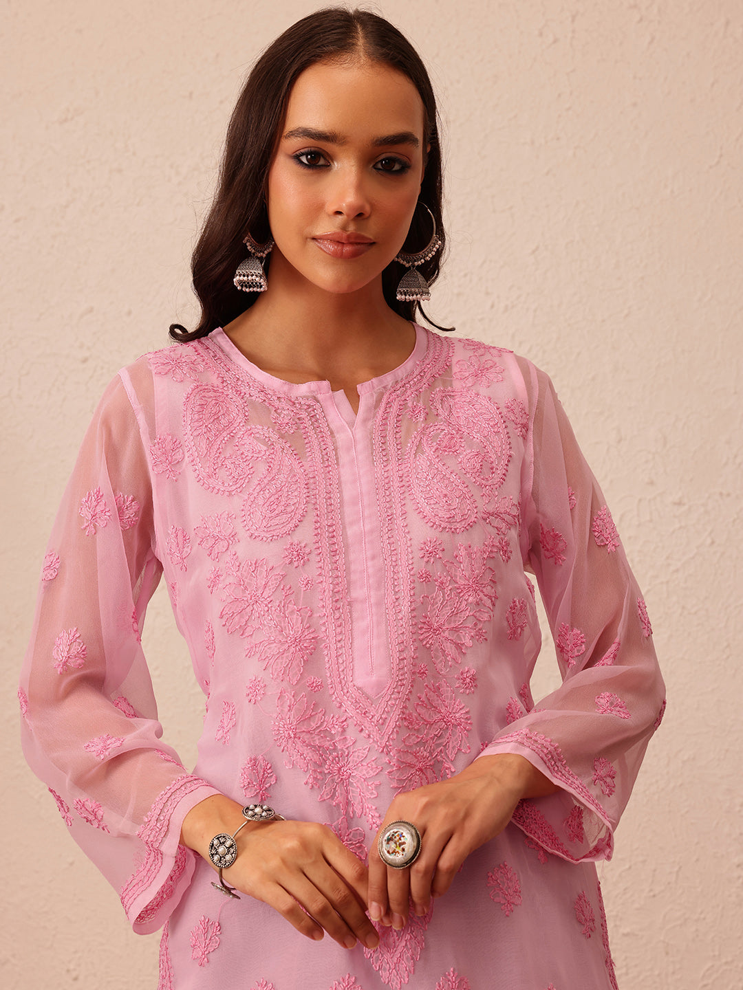 Embroidered Pink Chikankari Kurta With Slip