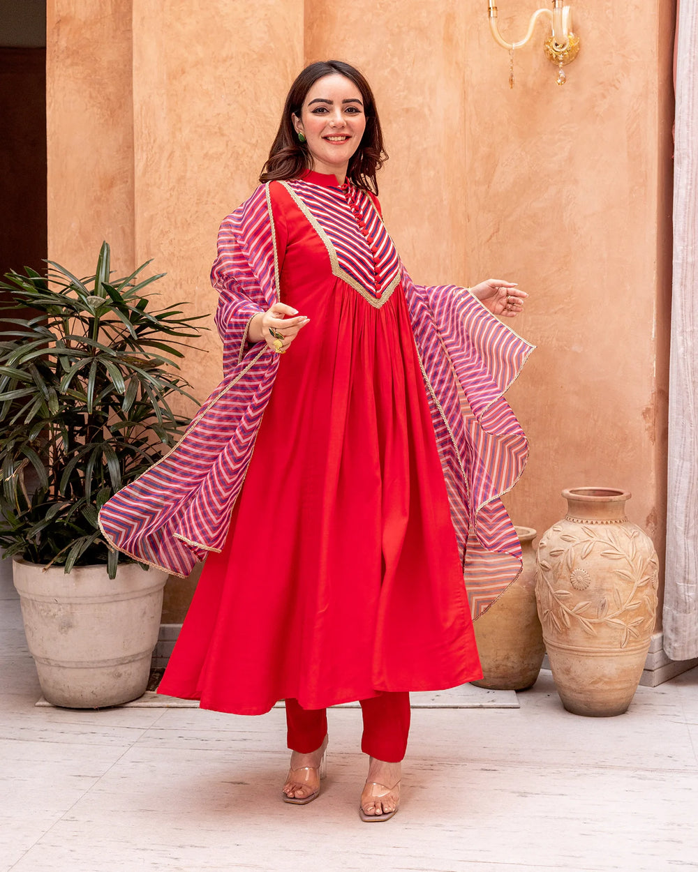 Red-Rayon-Stripe-Print-&-Gota-Gathered-3-Piece-Kurta-Set