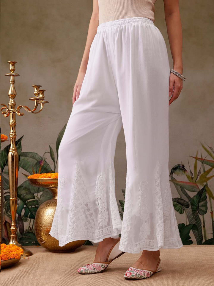 White Georgette Flared Chikankari Embroidered Palazzo