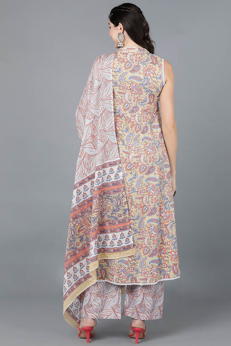 Yellow-Cotton-Flared-Kurta-Palazzo-With-Dupatta