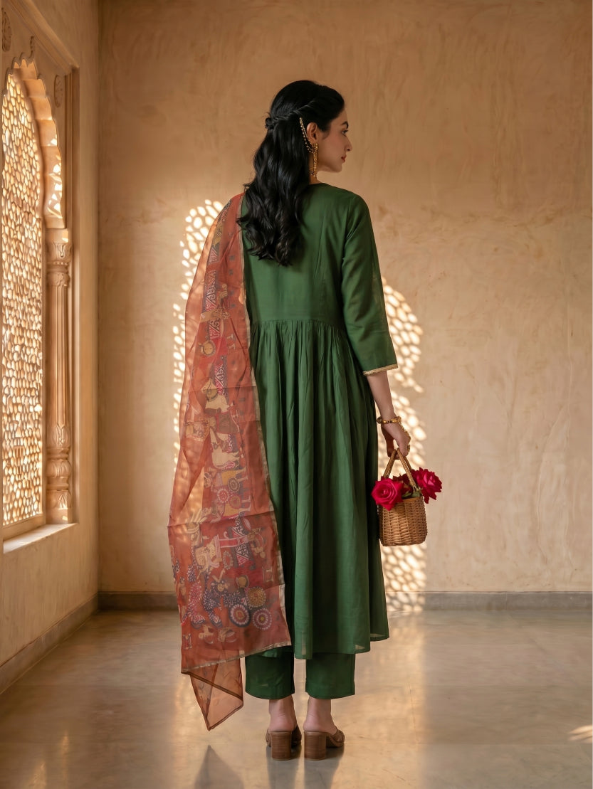 Green suit & pink kalamkari dupatta