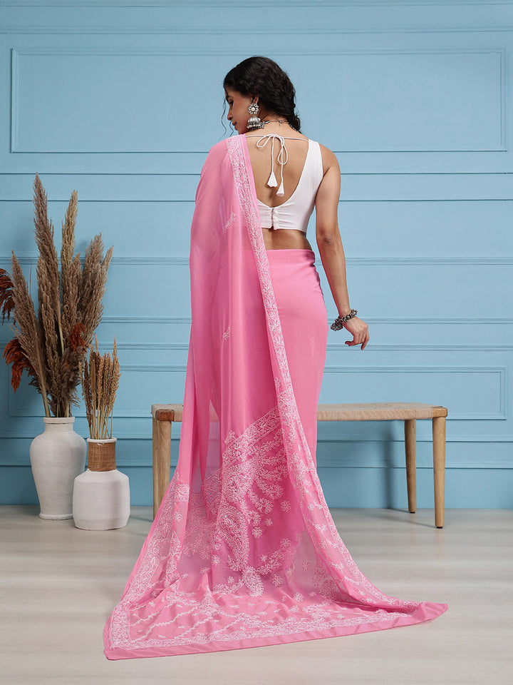 PInk & White Georgette Hand Embroidered Chikankari Saree
